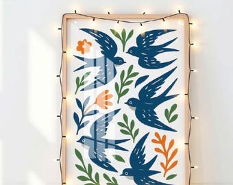 Matisse Swallows Print, Blue Flying Birds Wall Art, Modern Home Decor