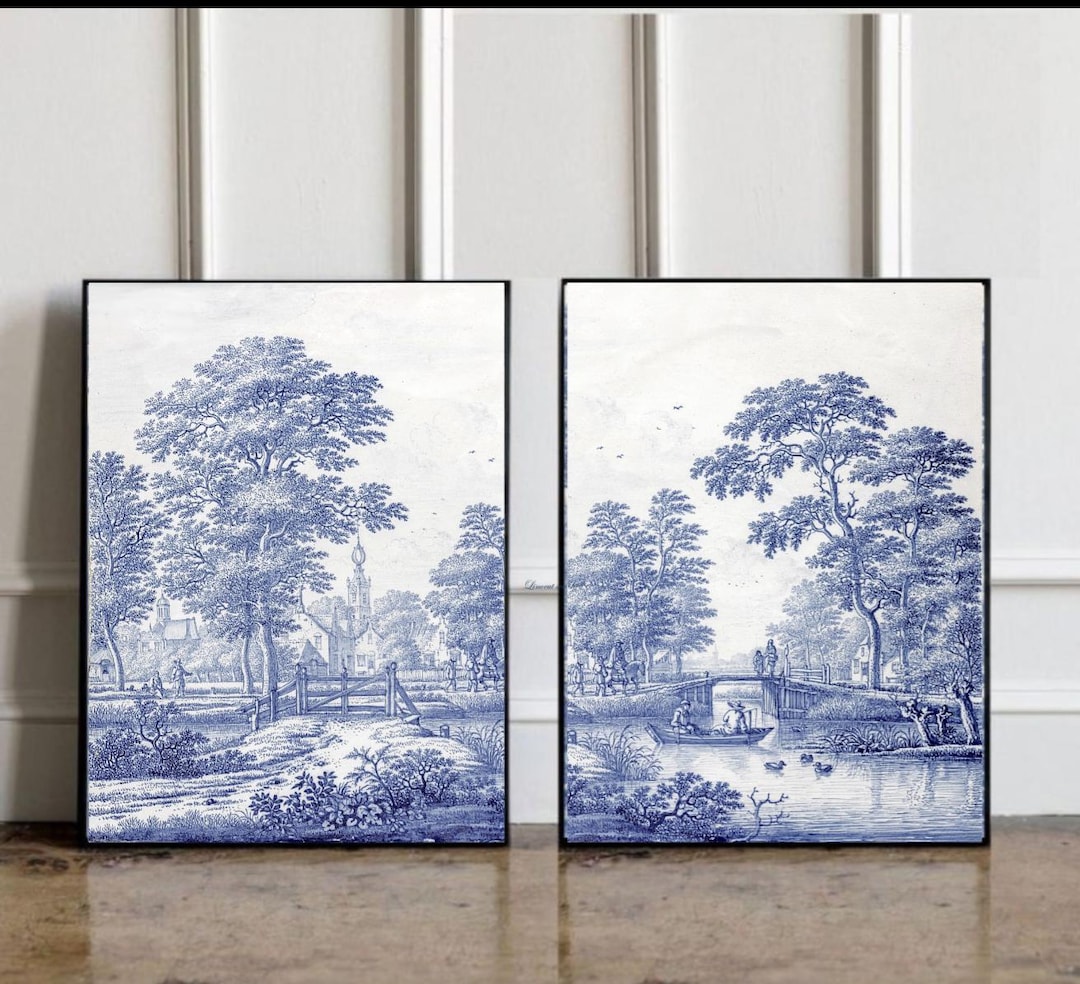 2 Toile De Jouy Wall Art Set, Blue White Wall Decor, Toile Art Prints ...