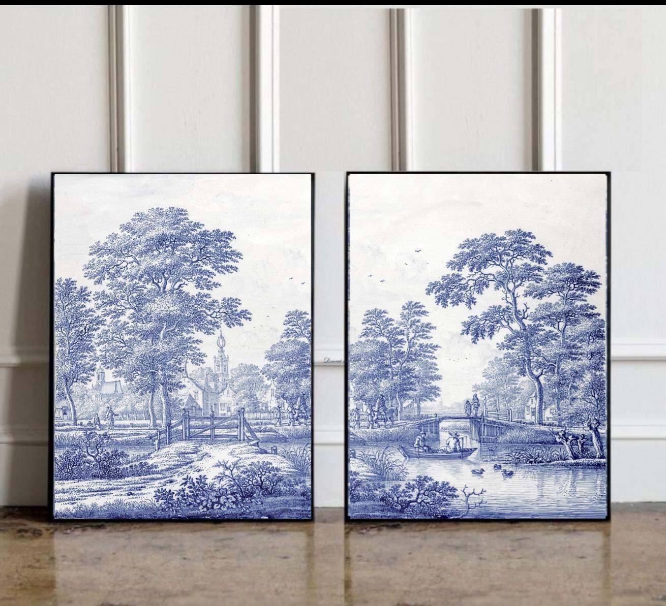 2 Toile De Jouy Wall Art Set, Blue White Wall Decor, Toile Art Prints ...
