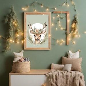 Arte de pared de ciervo, impresión de guardería, decoración de pared boho, póster verde salvia, dibujo de animales del bosque, adorno de habitación de niña, pintura de acuarela, bosque