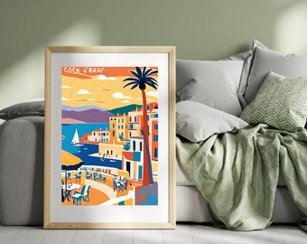 Décoration murale colorée, affiche COTE D'AZUR, illustration impression Côte d'Azur, affiche de voyage France, cadeau côte d'azur, impression d'art, décoration d'intérieur