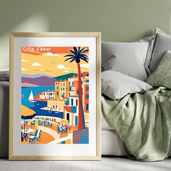 Colorful wall decor, COTE D'AZUR Poster, Print French Riviera illustration, travel poster france, gift coast azure, art print, home decor