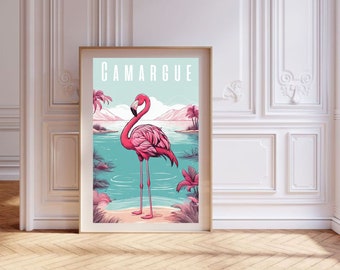 plakat flaming, travel poster, Camargue vintage grafika, retro ilustracja, Francja dekoracja ścienna, obraz do salonu, plakat do ramy