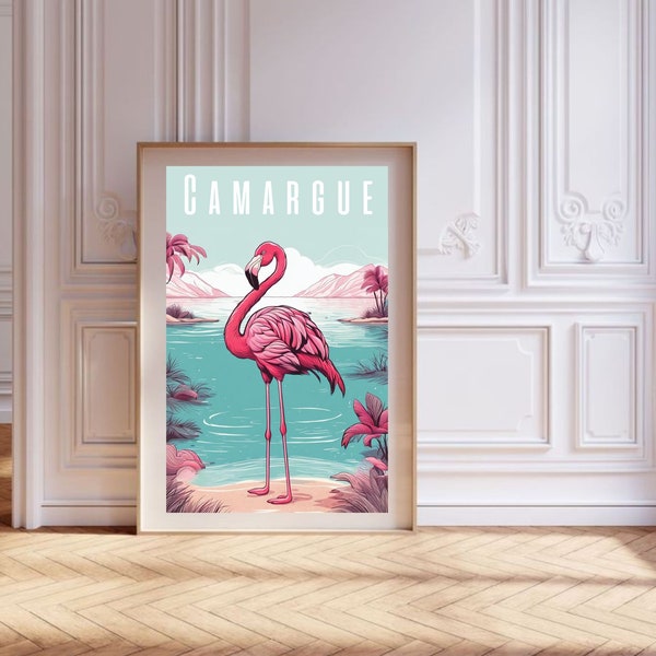 plakat flaming, travel poster, Camargue vintage grafika, retro ilustracja, Francja dekoracja ścienna, obraz do salonu, plakat do ramy