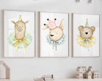 Poster Set 3 Kinderzimmer, Baby Wanddeko, Kunst Teddybären, Illustrationen mit Tieren, Wanddekoration Kindes Lama, Hase, Geschenk Geburstag