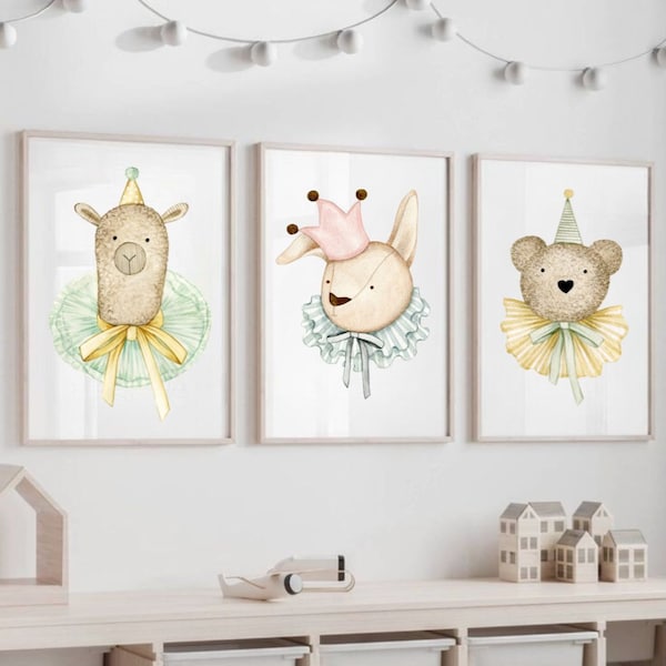 3 Plakaty Pokój Dziecka, illustratie Dla dziecka, prezent Dla dziewczynki, obrazki miś lama królik, dekoracje ścienne urocze zwierzątka,
