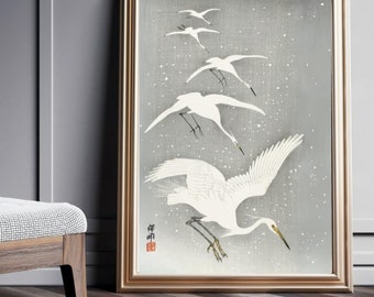 affiche japonaise, photo grues blanches, art japonais, illustration d'oiseaux en vol, affiche chinoise, gravure sur bois ancienne, art mural