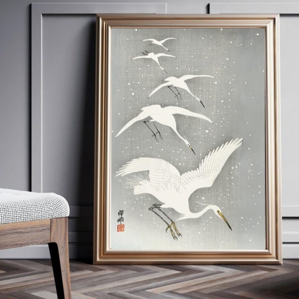 affiche japonaise, photo grues blanches, art japonais, illustration d'oiseaux en vol, affiche chinoise, gravure sur bois ancienne, art mural