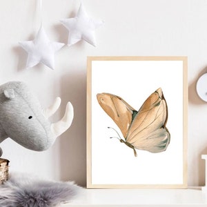 Dibujo de mariposa, impresión de arte de pared para guardería, póster de mariposa para habitación infantil, regalo para niñas, decoración beige, pintura de mariposa en acuarela