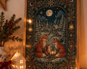 Fox Family Wall Art Print,  Christmas In The Forest  Illustration, Vintage Winter Nursery Decor