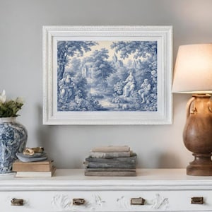 Toile de Jouy, Toile art, Blue Chinoiserie decor, Chinoiserie art,  décor chintz, Toile affiche, Décoration Murale Bleue, Peinture Vintage