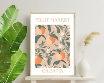 Reiseplakat, Pfirsichillustration, Obstmarkt, Kroatienplakat, Dekoration mit Pfirsichen, Küchendekoration, buntes Plakat, Pfirsichfarbe,