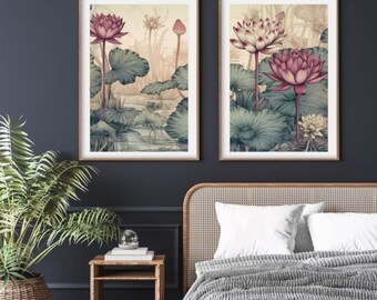 2 Botanische Poster, Seerosengemälde, botanische Illustrationen, Blumenposter, Pflanze Bild, Wanddekoration Wohnzimmer, Wandgalerie Blumen