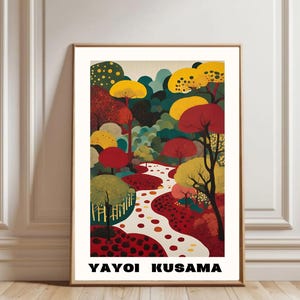 Póster de Yayoi Kusama, dibujo de bosque de otoño, impresión de arte de pared de Kusama, decoración del hogar, adorno de habitación de bebé, ilustración de bosque, colgante de pared