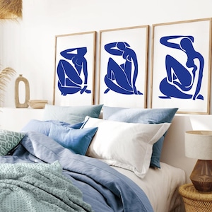 Drei Abstrakte Poster, SET von 3 Kunstdrucke,  Henri Matisse kunst, Wandkunst, blaue abstrakte Drucke, abstrakte drucke, Wohnzimmer Bilder