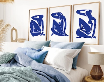 wall art set of 3, matisse poster set, matisse blue abstract art prints, navy blue wall decoration, matisse wall gallery, living room decor,