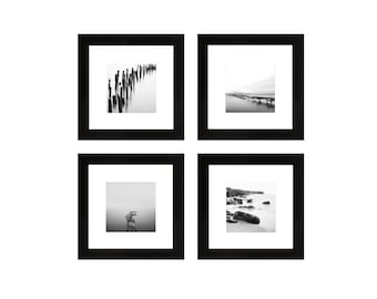 Conjunto de 4 fotografías, impresiones de arte mural en blanco y negro, decoración costera, adorno de habitación, galería costera, tapiz gris, cuadros cuadrados