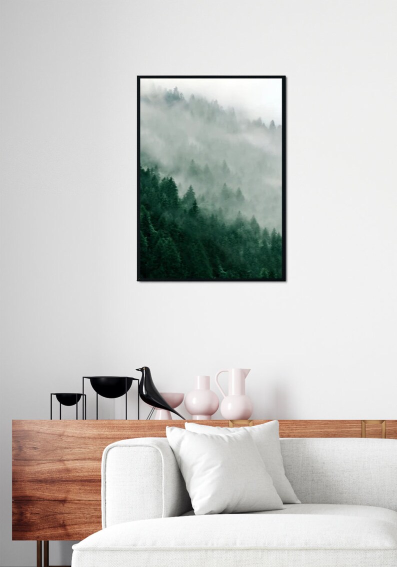 Poster Wald, Bild Wald im Nebel, Wald Foto, Berg Poster, grüne Waldwanddekoration, Landschaft Gebirge, großes vertikales Wandposter Bild 9