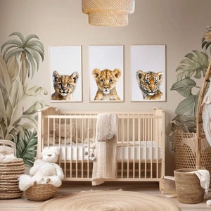 3 Stampe artistiche da parete, set di foto di gatti selvatici, ritratto di animali africani, decorazione da parete per la cameretta dei bambini, ornamento per la stanza safari, poster per la cameretta dei ragazzi, tigre, leone,