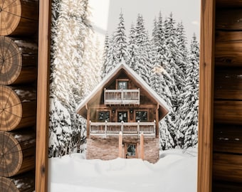 Snowy Mountain Print, Winter Cabin Photo, Forest Landscape Wall Art