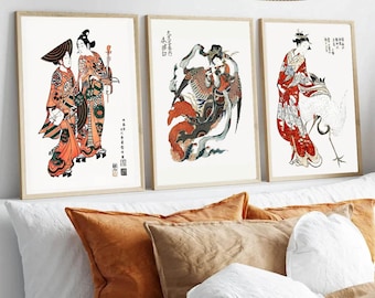 Conjunto de 3 gravuras japonesas, decoração de parede japonesa, arte de parede de galeria, gravuras japonesas vintage, conjunto de parede antigo, arte chinesa vintage, japandi