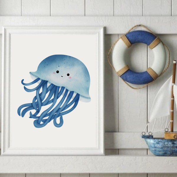 Plakat do Pokoju Dziecka, Plakat niebieska meduza, plakat akwarela, plakat morski, plakat ryby, plakat pokój dziecięcy, plakat dla dziecka,