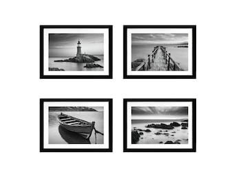 Láminas fotográficas costeras en blanco y negro, conjunto de arte mural para galería junto al mar.