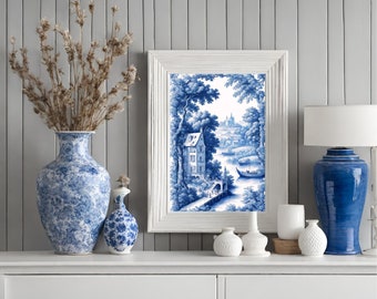 Toile de Jouy, Toile Art, blau-weißes Bild, blaue Wanddekoration, Vintage-Gemälde, Chinoiserie-Bild, Chintz-Dekor, antike Malerei