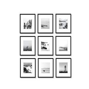 Zestaw 9 plakatów, Galeria plakatów, elegancka galeria, czarno białe plakaty, czarno biała galeria fotografii, czarno białe zdjęcia, morskie