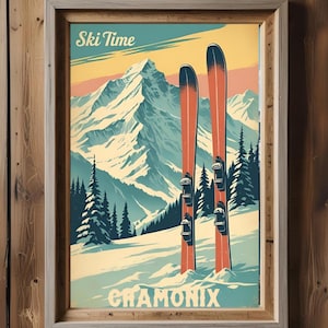 Retro ski poster, wall art winter, skiing art print, Christmas decor, cabin ornament, personalized gift ski lover, snowy mountains drawing