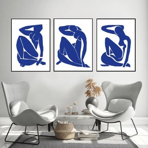 Drei Abstrakte Poster, SET von 3 Kunstdrucke, Henri Matisse kunst, Wandkunst, blaue abstrakte Drucke, abstrakte drucke, Wohnzimmer Bilder Bild 5