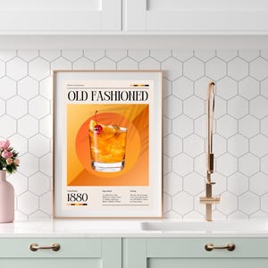 Póster de bebida, receta antigua, adorno de cocina, impresión de arte mural, decoración de fiesta, dibujo de cóctel, regalo de inauguración de la casa, decoración del hogar naranja
