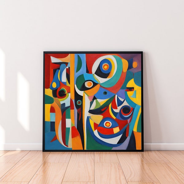 sztuka abstrakcyjna, kolorowa dekoracja ścienna, wyrazista ozdoba pokoju, kubizm obraz, picasso malarstwo, 30x30 cm, 50x50 cm, kwadratowy