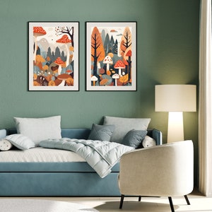 Illustration Wald, Bergbild Kinderzimmer, dekoratives Poster, braun Wanddekoration, Geschenk Jungen, Kunst für Baby, Walddekoration Beige