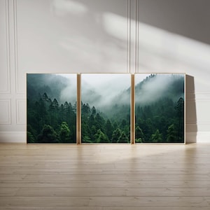 Drei Poster, Wald im Nebel Foto, Berglandschaft, Wald Poster, Wohnzimmer bilder, Wald Bilder, Wald Drucke, Zimmer Wanddekoration