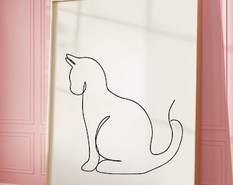 cat drawing, cat sketch, minimalist wall decoration, gift for cat lover, birthday gift, linear drawing, wall art print, kitty wall decor,