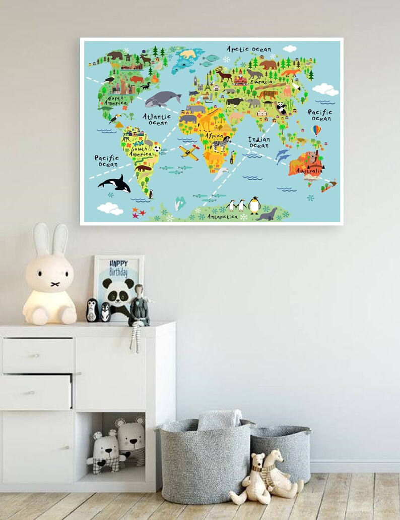 World map print Nursery world map Nursery wall art World Etsy