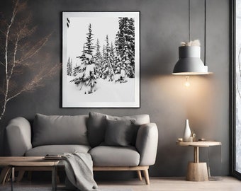 black and white forest photo, mountain landscape, snowy winter landscape, living room decoration, cottage in the mountains wall art print