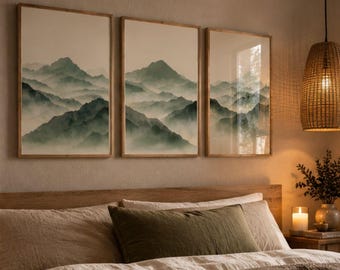 Set of 3 Sage Green Abstract Mountain Prints, Japandi Textured Wall Art