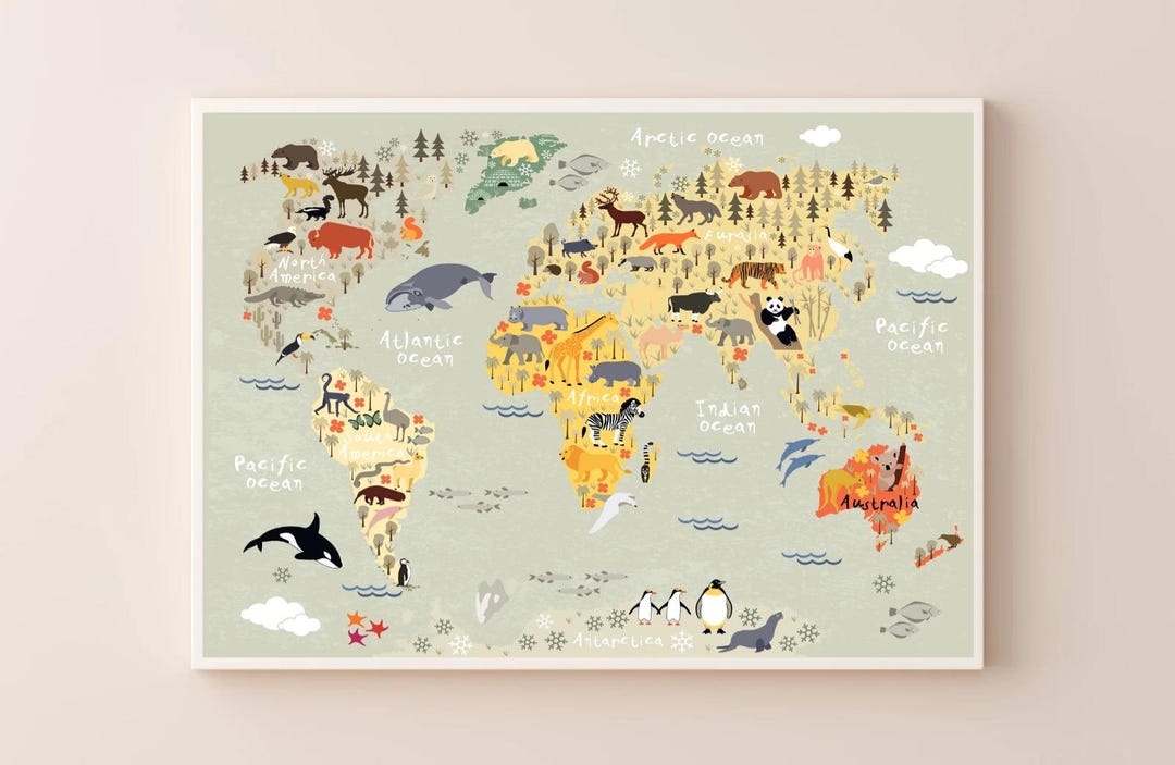 World Map With Animals, Child Gift, Large Wall Art Print, Nursery Room ...