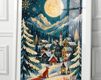 Winter Village Print, Snowy Landscape, Scandinavian Christmas Decor