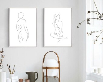 Lot de deux gravures, corps de femme à imprimer, tirages d'art mural au trait, croquis de femme à imprimer, affiches de dessins de femmes, dessin au trait de femme nue, figurine