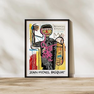 Puede incluir: Impresi&oacute;n art&iacute;stica enmarcada que presenta una obra de arte colorida de Jean-Michel Basquiat. La impresi&oacute;n muestra una figura con un contorno negro, una estructura interna rosa y un fondo amarillo. El nombre del artista est&aacute; impreso en la parte inferior.