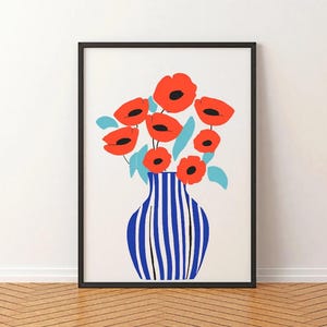 Póster de amapolas, arte mural de flores, decoración del hogar, adorno de habitación, impresión de arte moderno, dibujo de flor en un jarrón, pintura colorida, cuadro floral