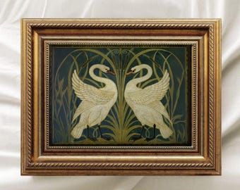 Framed swan wall art, swan print, gold frame vintage black swan picture, home decor, 5x7" antique swan painting, 8x12" drawing, art deco