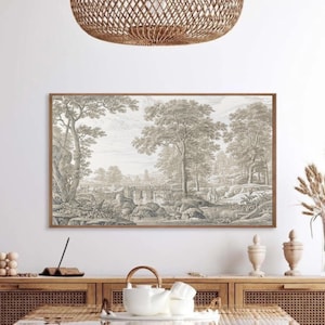 Toile de Jouy-muurkunstdruk, grijs interieur, grote horizontale wanddecoratie, landschapstekening landschap, kamerornament, oude Franse schilderkunst