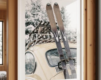 Ski Poster, Winter Cabin Decor, Snowy Mountains Wall Art, Vintage Ski Photography