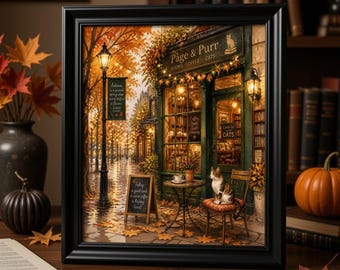 以下が含まれることがあります： 「Page & Purr」という名前の居心地の良い書店と、外の椅子に座る猫を描いた額入りアートプリント。秋の落ち葉、街灯、黒板、温かみのある照明が、詳細な絵画風のスタイルで表現されています。