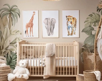 impressions murales, Lot 3 affiches, enfant safari tableaux, lion girafe tigre, décoration murale, chambre bébé idée, cadeau boho a4, a3,