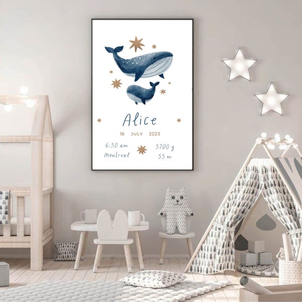 obrazek dziecięcy z wielorybem, plakat pokój dziecka, prezent narodziny, z imieniem dziecka, niebieska dekoracja , personalizacja